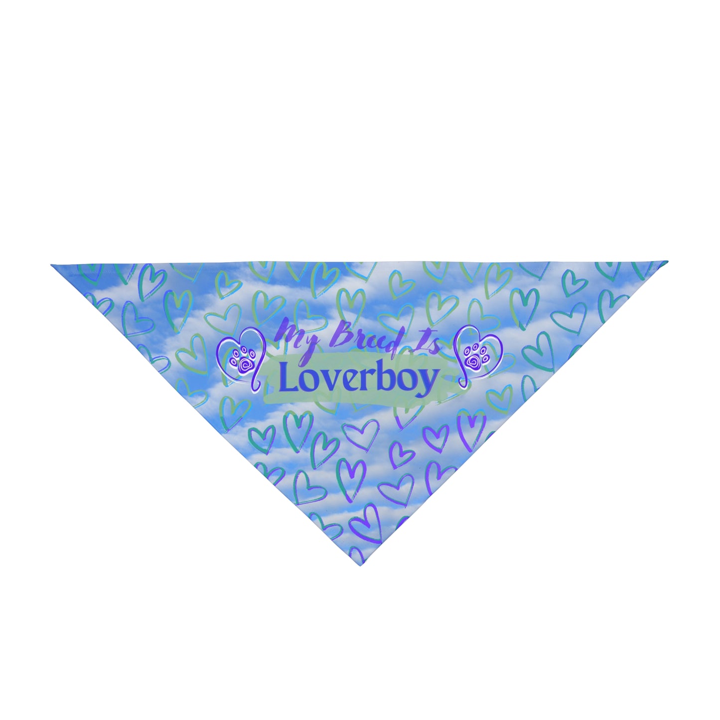 Blue and Purple Hearts "My Breed is Loverboy" Pet Bandana, Dog or Cat Partywear, Great Cat Lady Dog Mom Gift