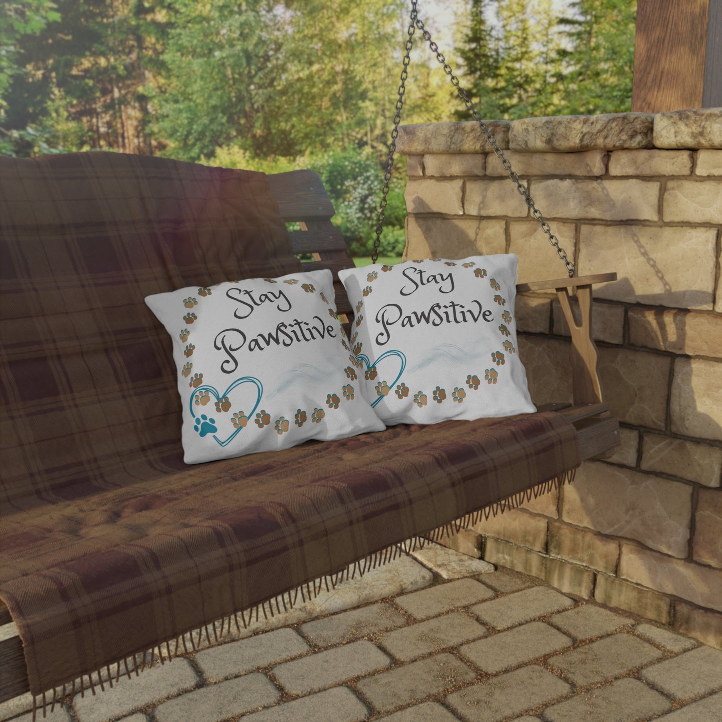 Pet-Lover Patio Pillow, "Stay Pawsitive" Design, UV- & Mildew-Resistant