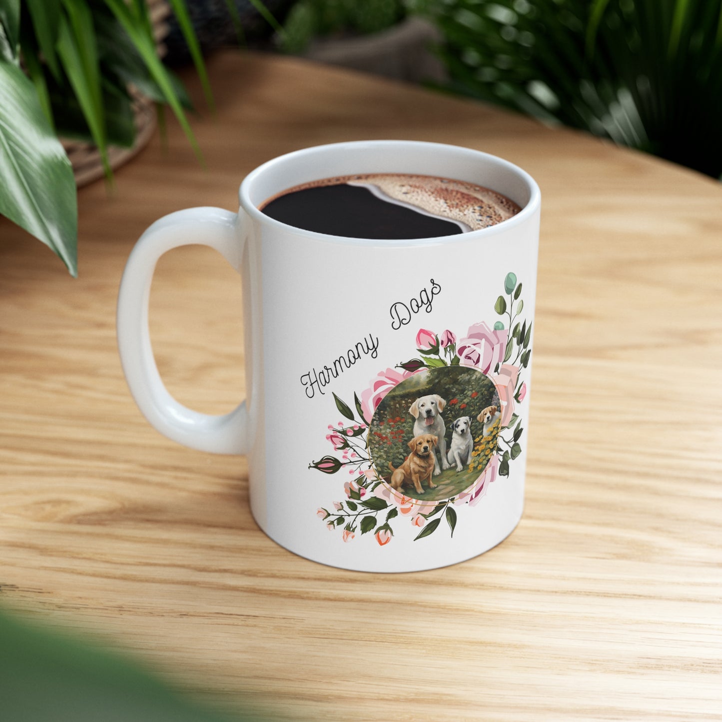 Dog Mom Mug With Whimsical "Harmony Dogs, Just Hanging Out" Floral Motif, Great Pet Lover Gift, Ceramic, 11oz
