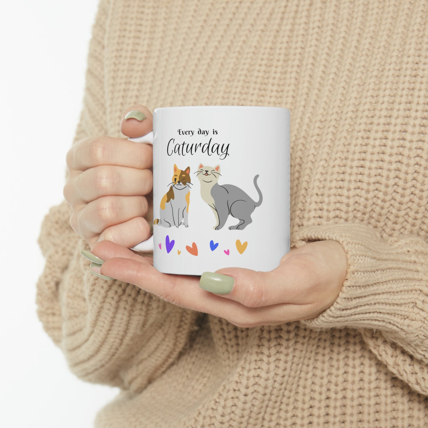Whimsical Cat Lover Mug with Fun "Every Day is Caturday" Slogan, Great Pet Lover Cat Mom Gift, Ceramic -11oz