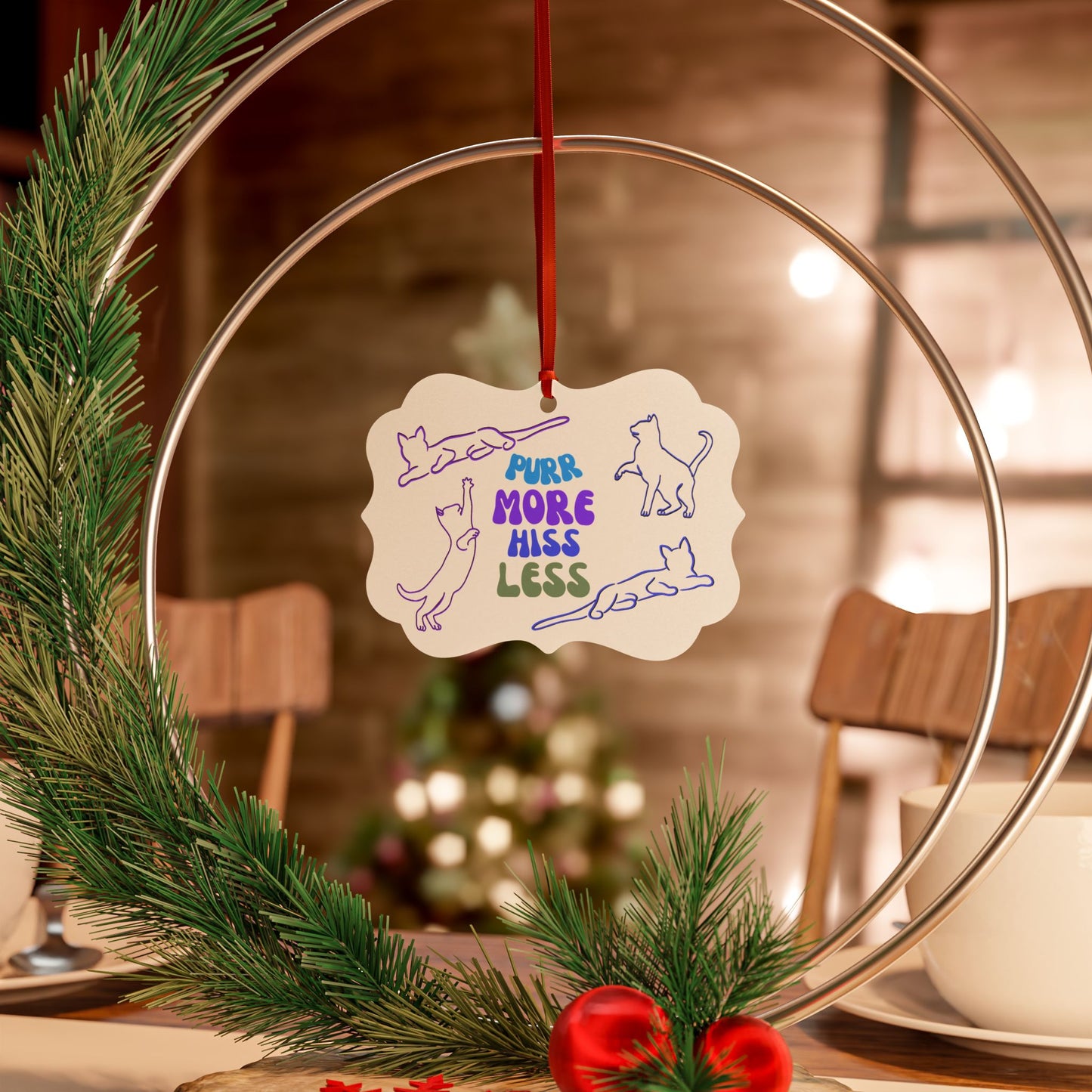 Aluminum "Purr More Hiss Less" Cat Lover Ornament, Playful Sublimation Design & Slogan, Cat Lady Mom Gift, Single or Set of Five, 10