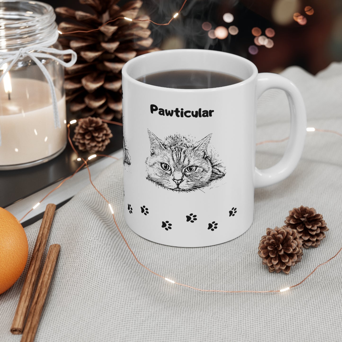 Cat Lover Mug With Three-Sided "Puurrfect-Pawsitive-Pawticular" Design, Great Cat Mom Gift, Ceramic, 11oz