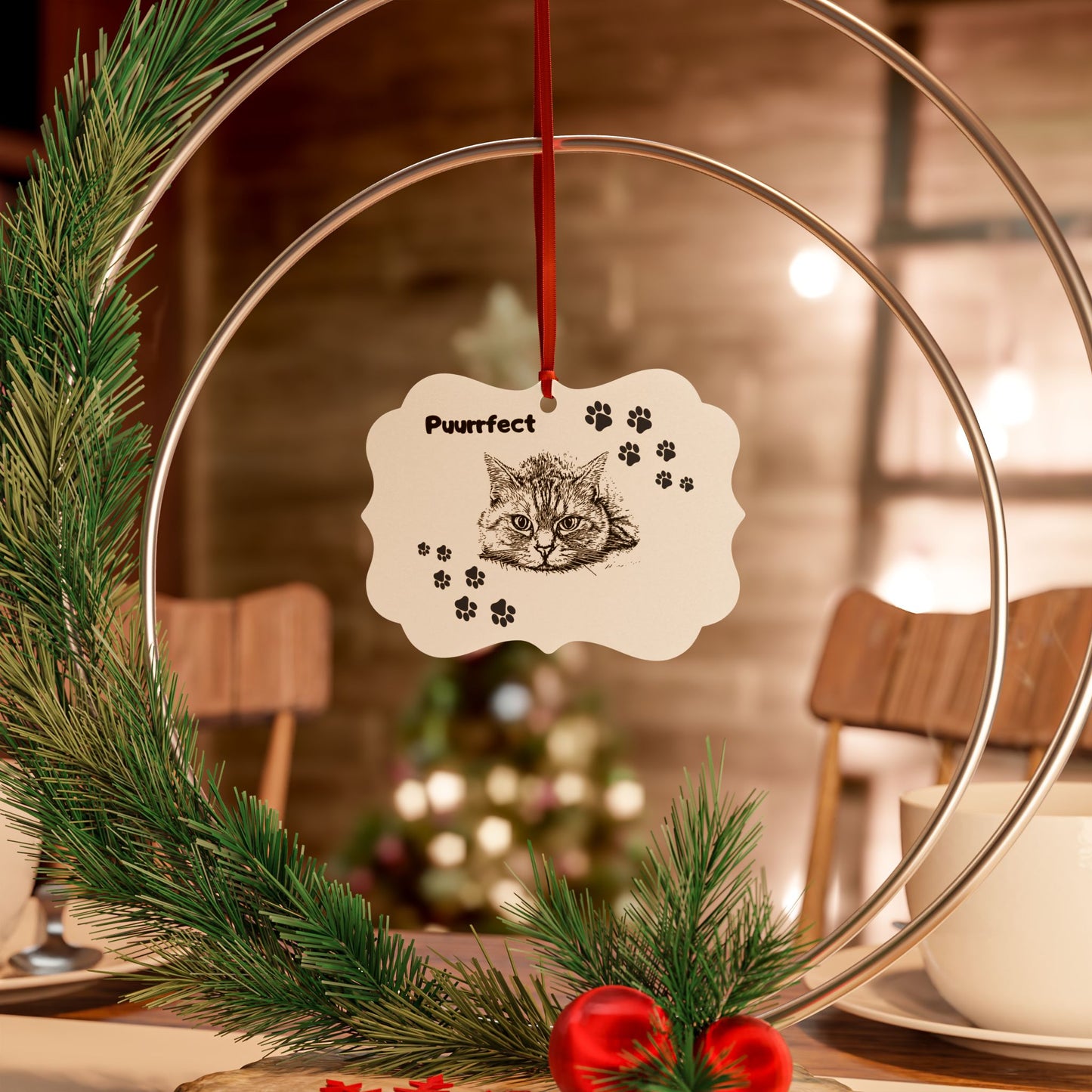 Aluminum "Puurrfect" Cat Lover Ornament, Simple Cat and Pawprints Design, Cat Lady Mom Gift, Single or Set of 5, 10