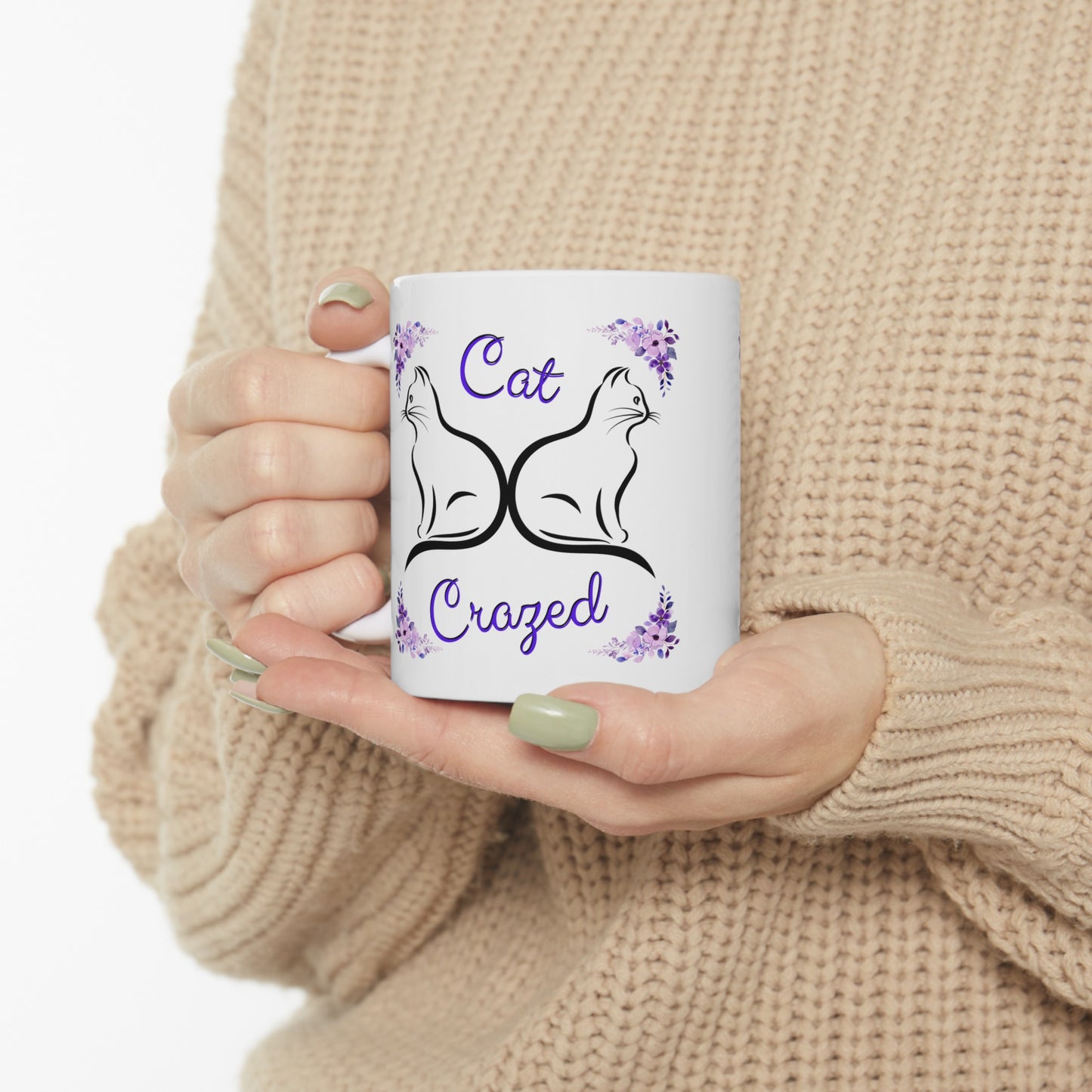 Feminine and Fun "Cat Crazed" Cat Mom Coffee Mug, Whimsical Sublimation Design, Great Pet Lover Gift For Her, Ceramic, 11oz