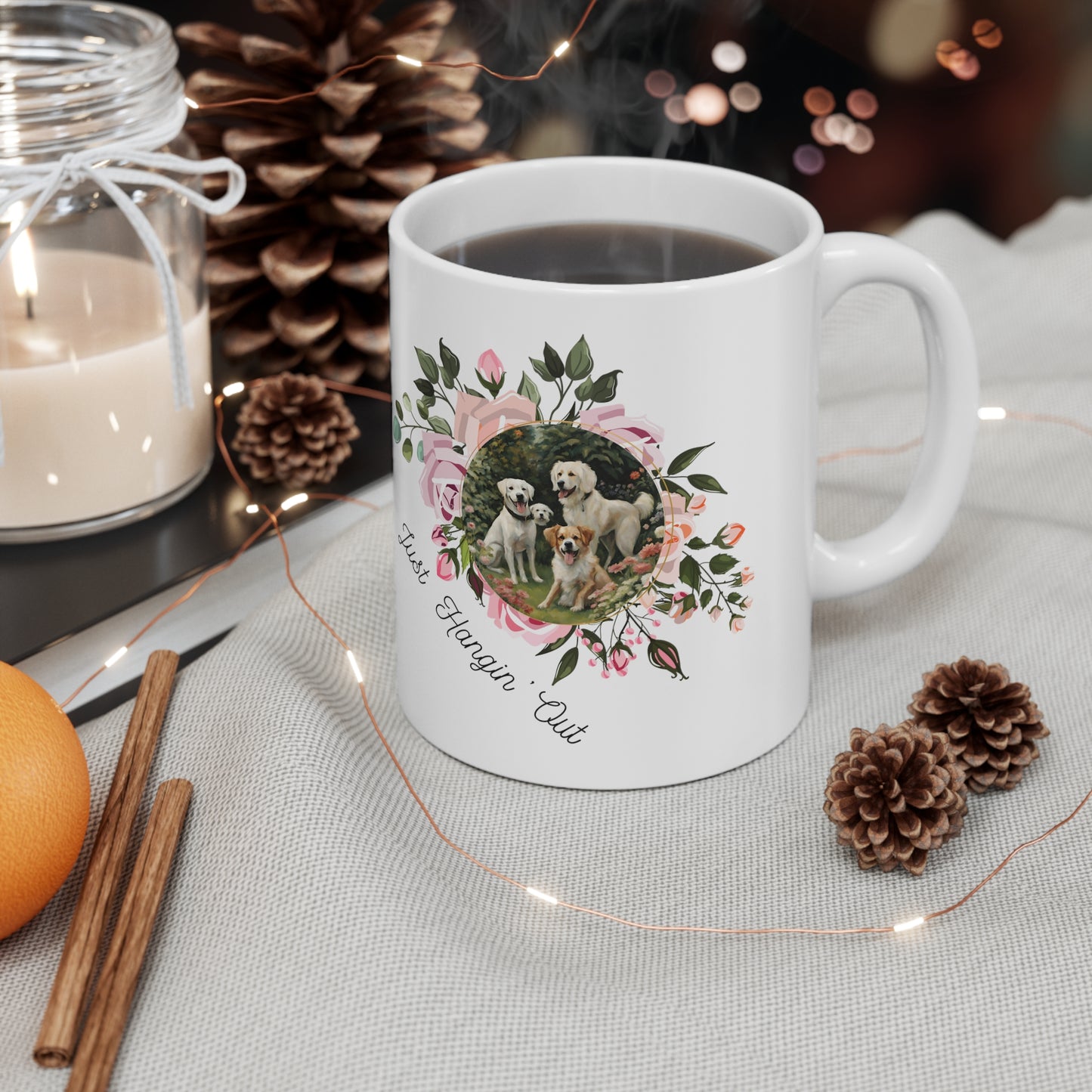 Dog Mom Mug With Whimsical "Harmony Dogs, Just Hanging Out" Floral Motif, Great Pet Lover Gift, Ceramic, 11oz