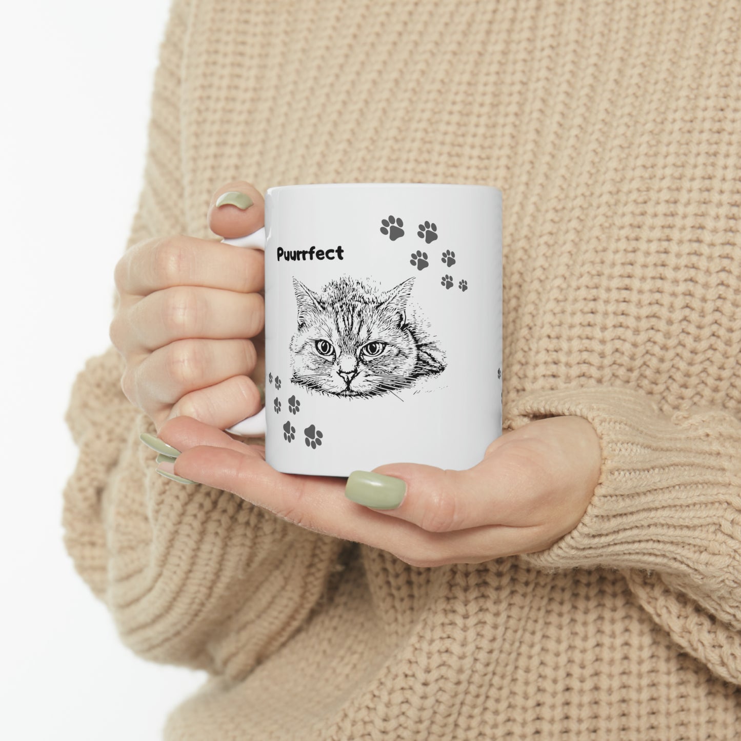 Simple But Perfect Cat Lady Mug With Cat Face And Pawprints Design, Great Cat Mom Pet Lover Gift, Ceramic ,11oz