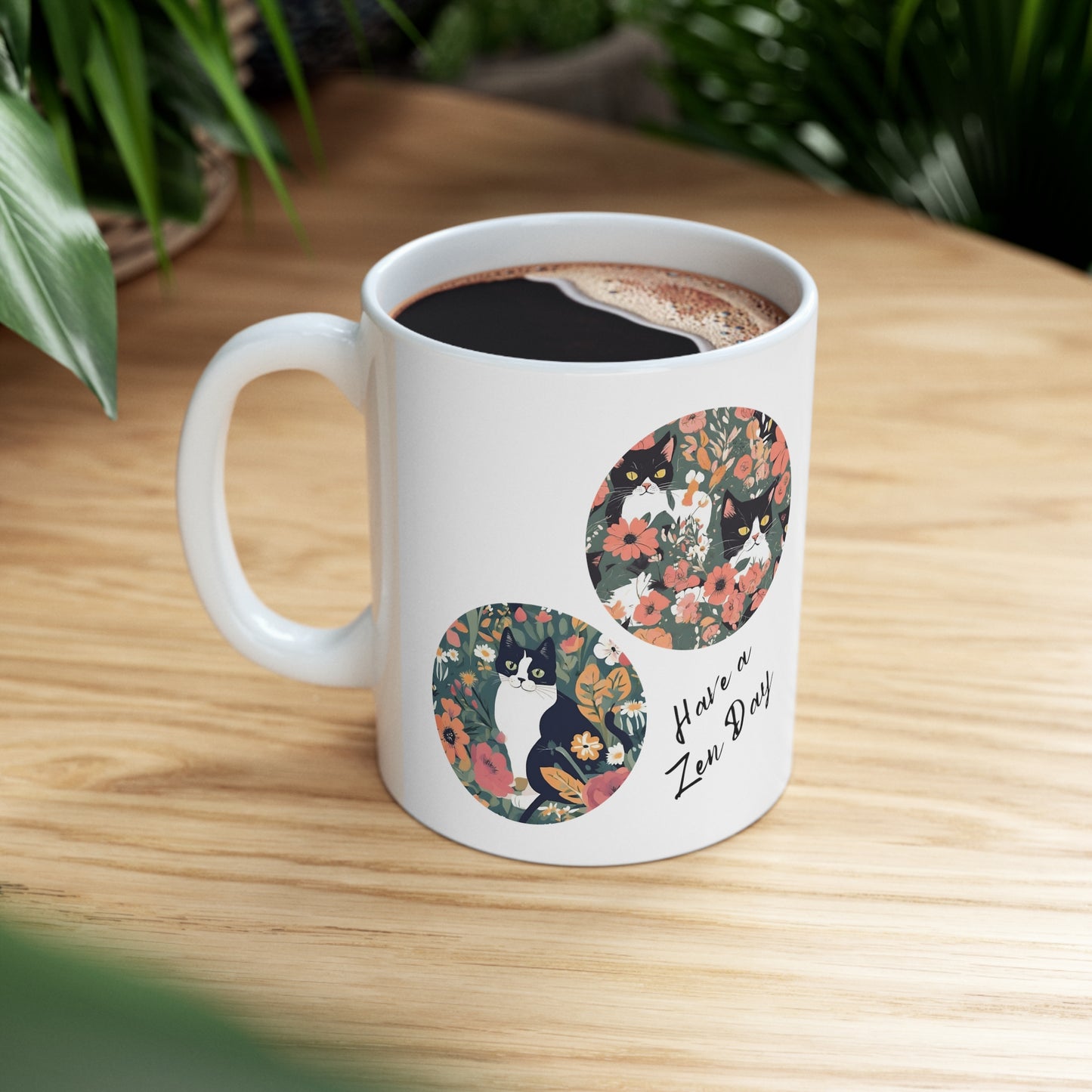 Cute and Calming Cat Lover Mug With "Have a Zen Day" Floral Design, Great Cat Mom Pet Lover Gift, Ceramic, 11oz