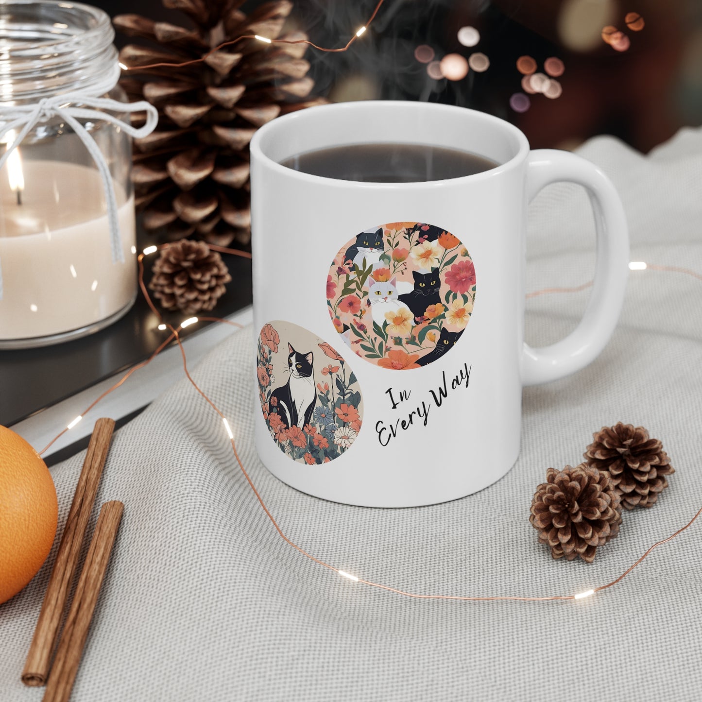 Cute and Calming Cat Lover Mug With "Have a Zen Day" Floral Design, Great Cat Mom Pet Lover Gift, Ceramic, 11oz