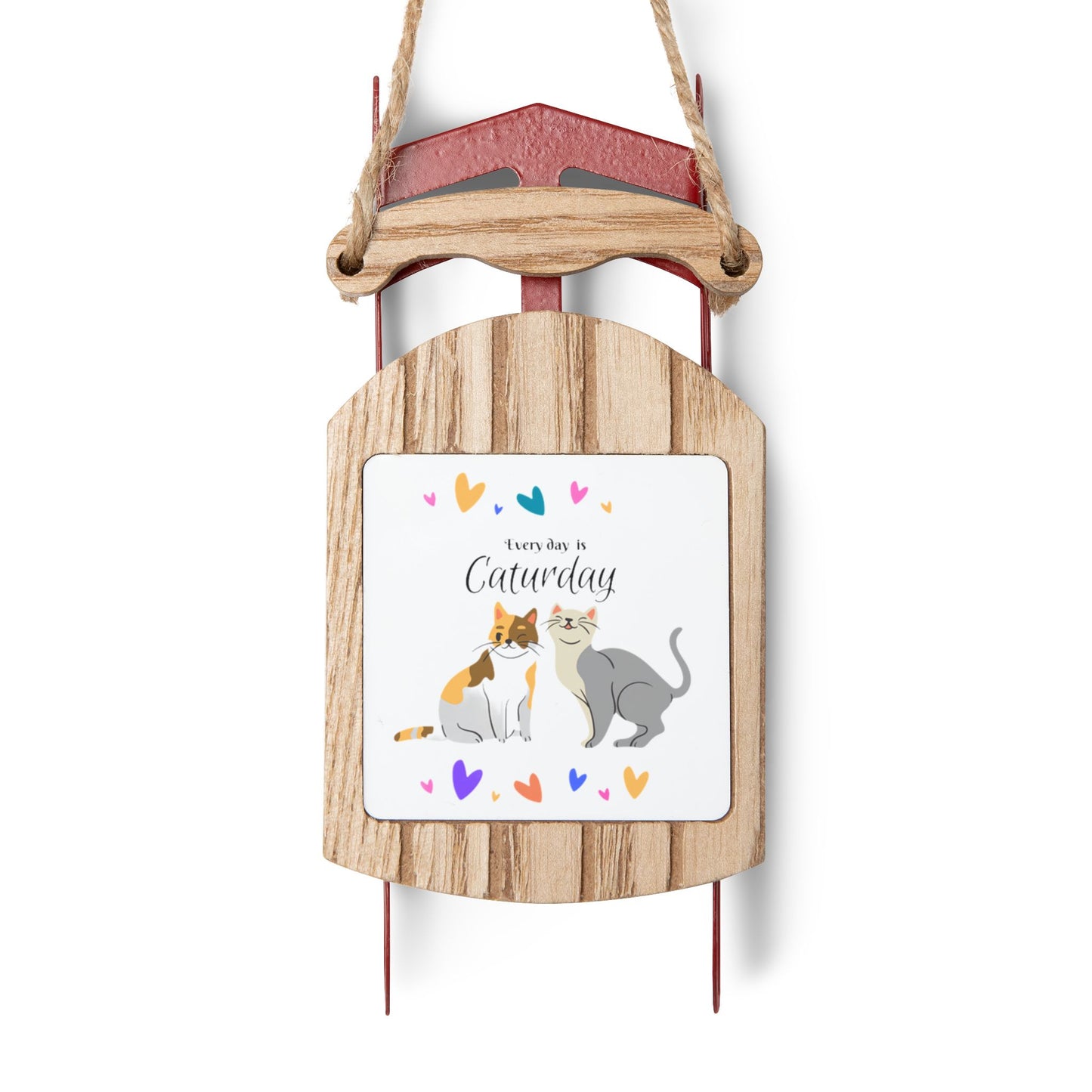 Adorable "Every Day is Caturday" Cat Lover Sled Ornament, Christmas and Year-Round Cat Lady Mom Gift, Single or Set of 5, 10