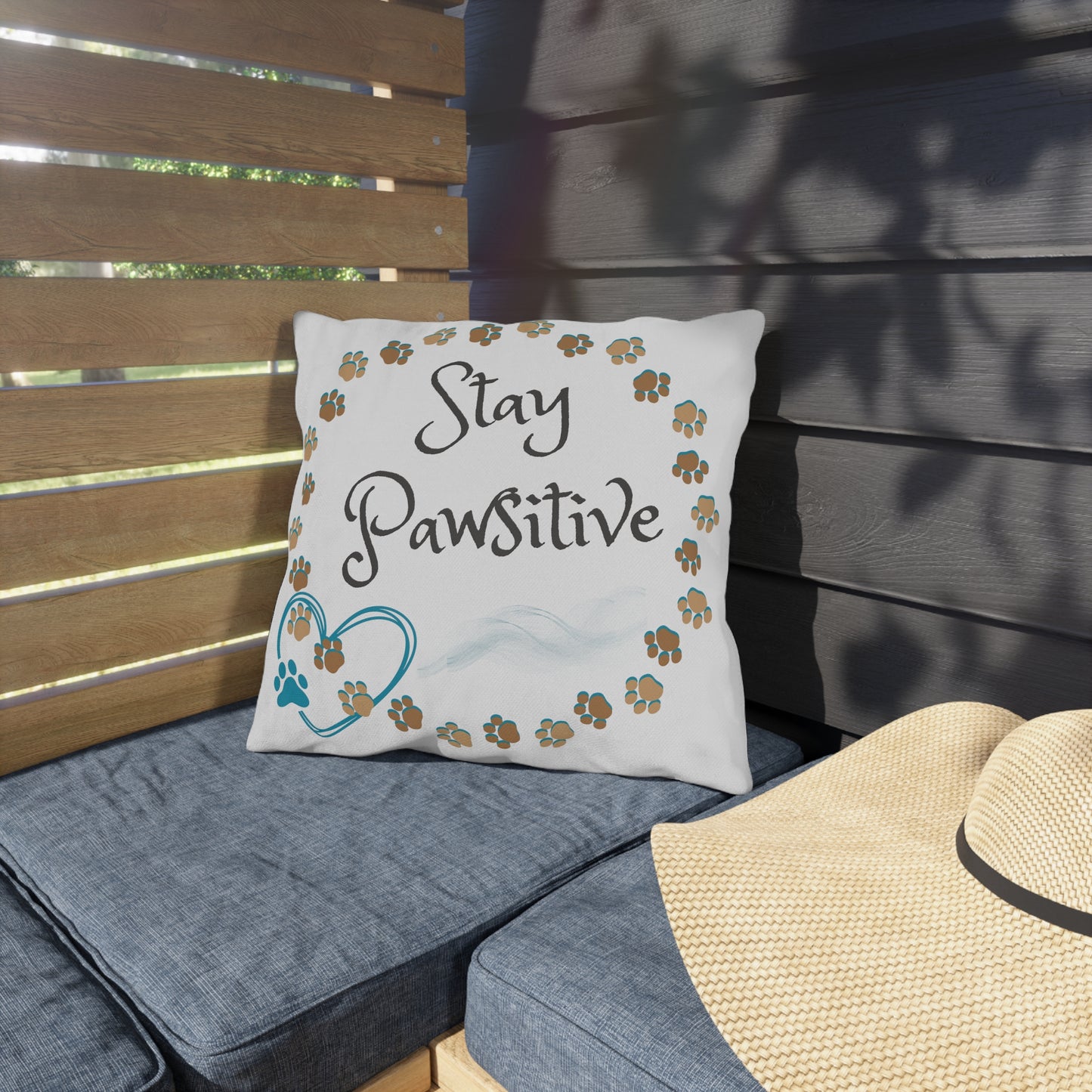 Pet-Lover Patio Pillow, "Stay Pawsitive" Design, UV- & Mildew-Resistant