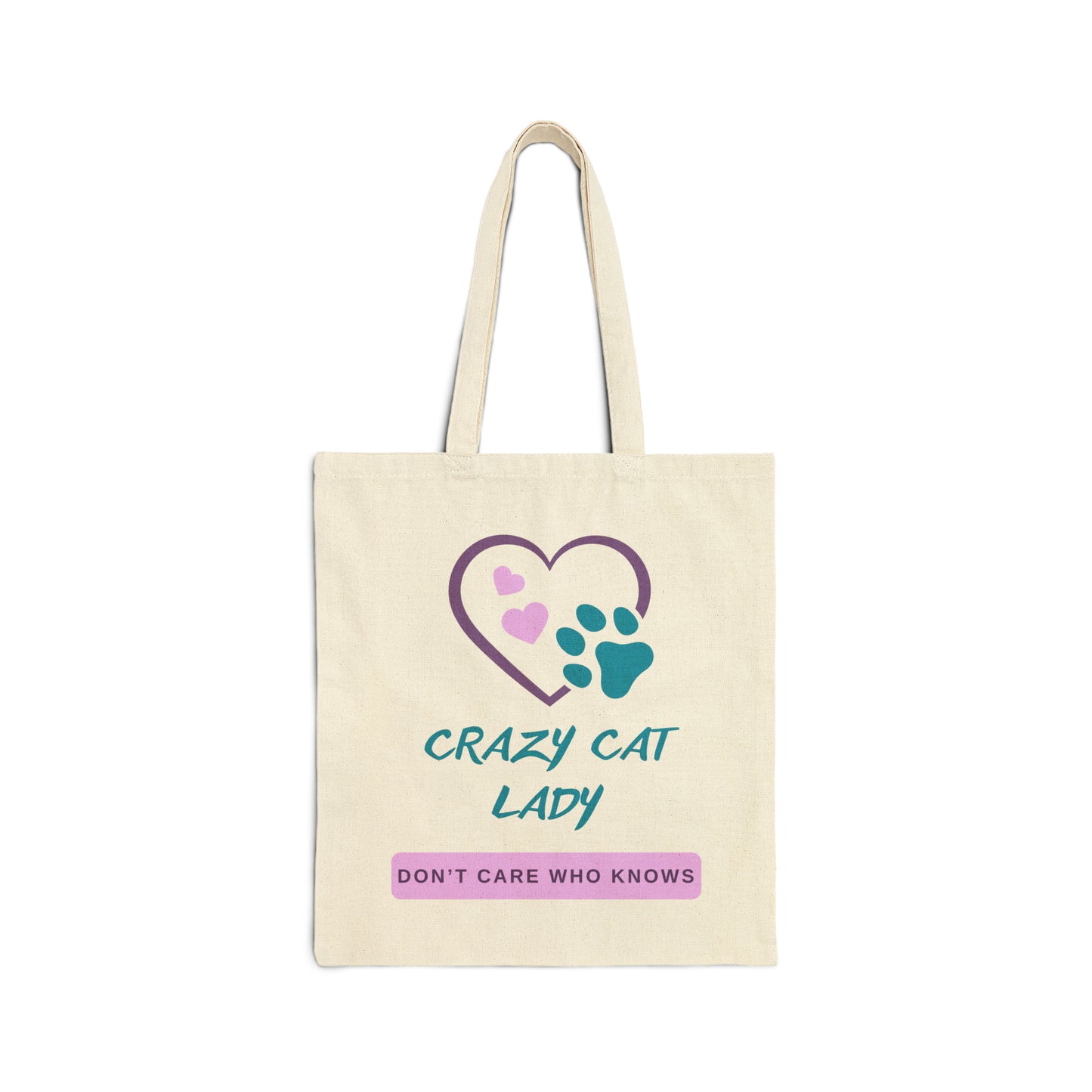 CatLady Tote with Fun "Crazy Cat Lady-Don't Care Who Knows" Slogan, Hearts and Pawprint Design, Cat Lover Mom Gift