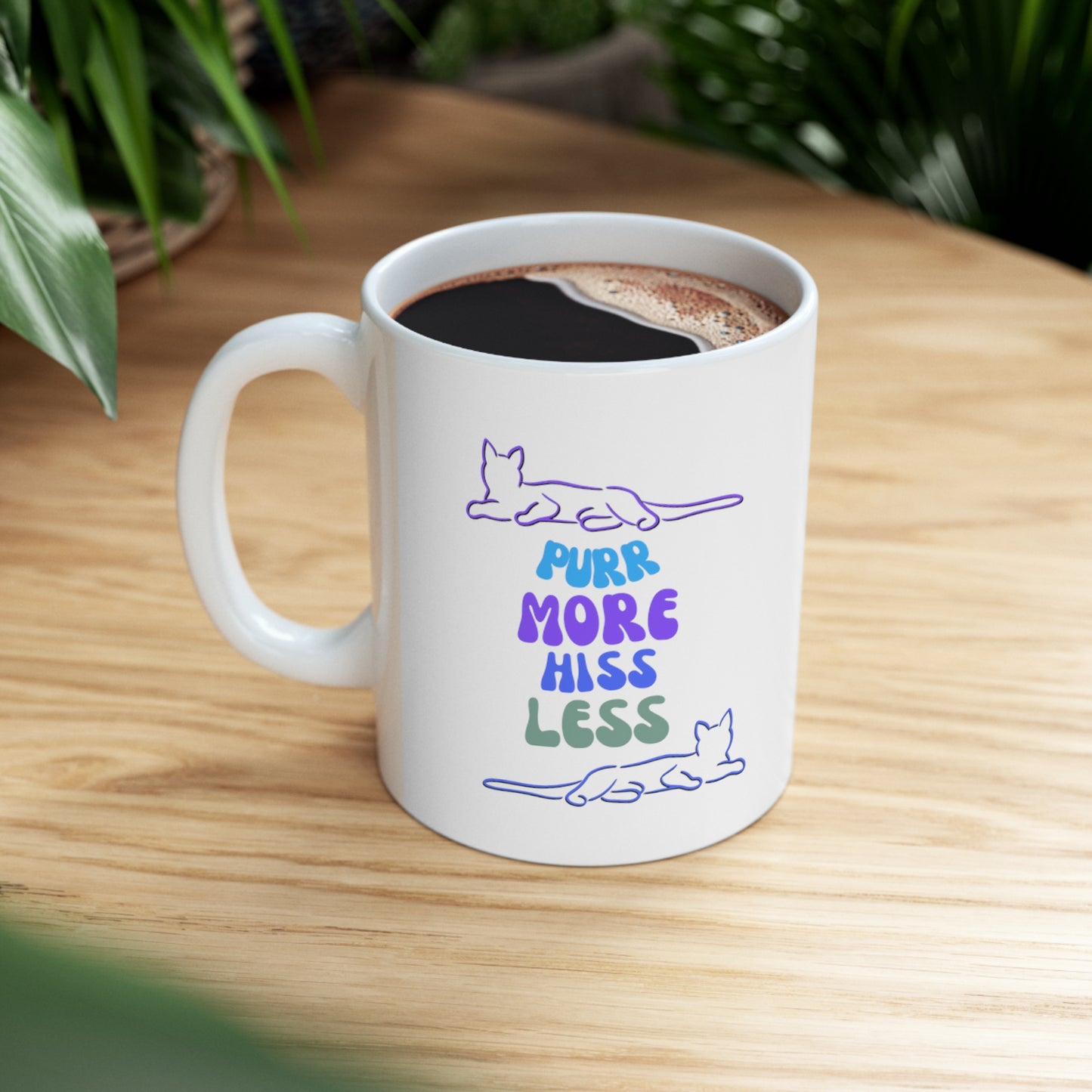 Playful "Purr More Hiss Less" Cat Lady Coffee Mug, Great Pet Lover Cat Mom Gift, Ceramic, 11oz
