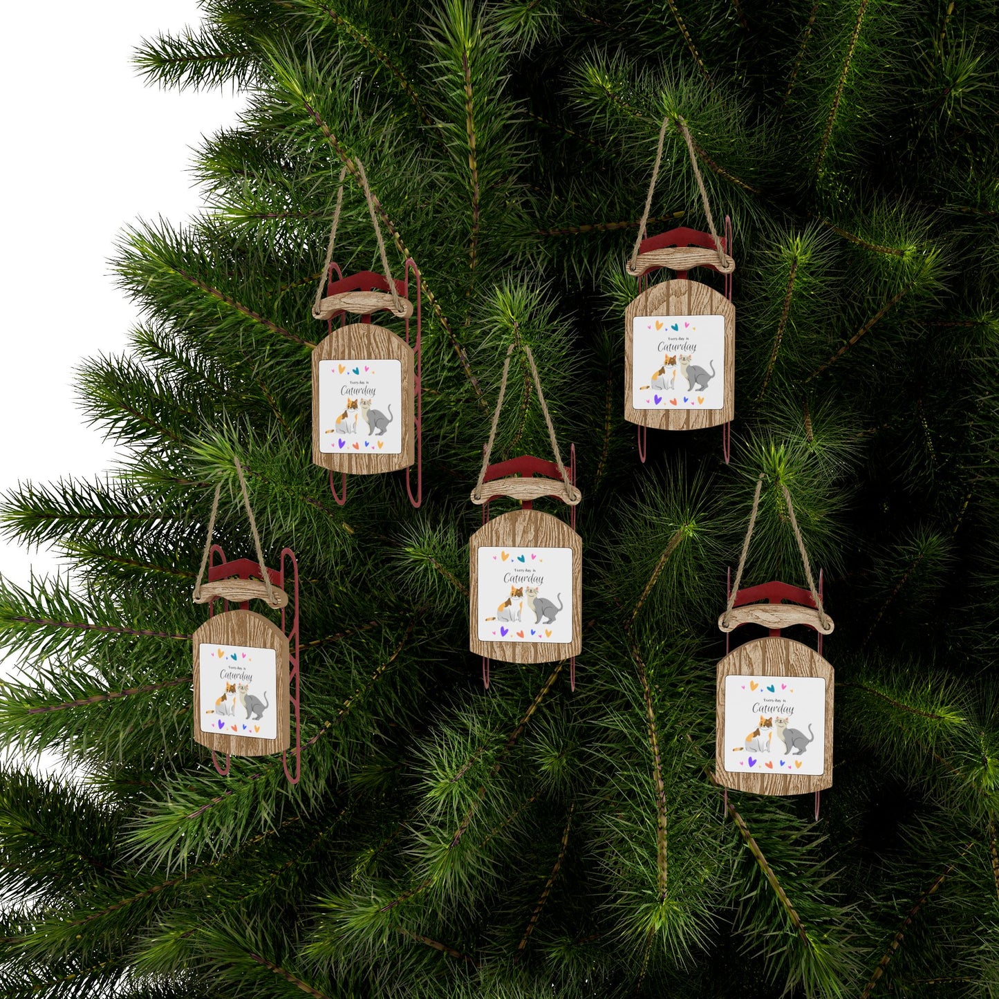 Adorable "Every Day is Caturday" Cat Lover Sled Ornament, Christmas and Year-Round Cat Lady Mom Gift, Single or Set of 5, 10