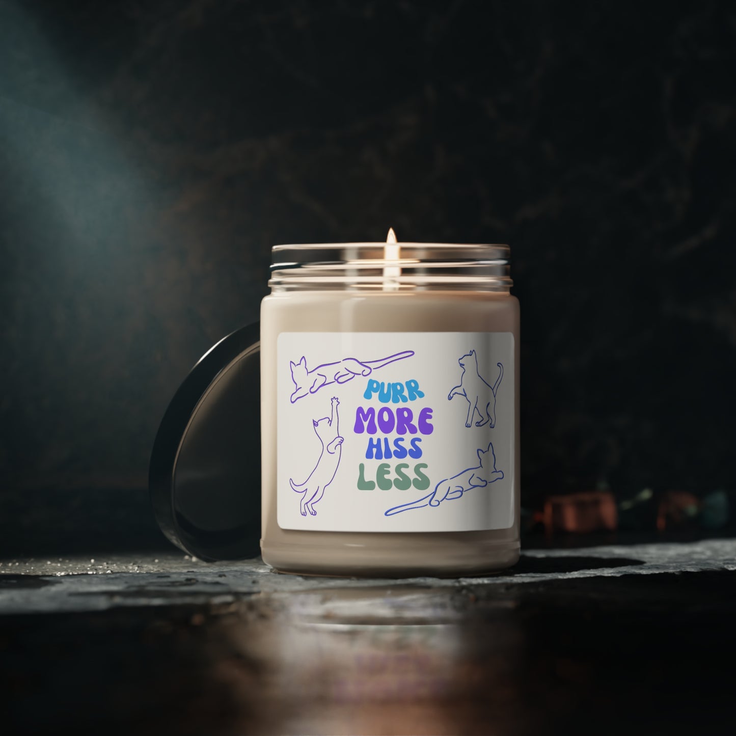Scented Soy Candle, Unique "Purr More Hiss Less" Cat Lover Sublimation Design, Pet Lover Mom Gift, Kitchen Home Office Decor, 9oz