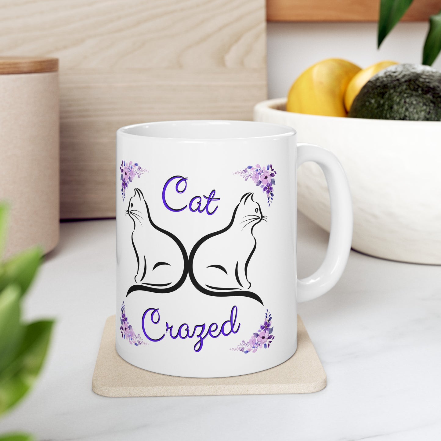 Feminine and Fun "Cat Crazed" Cat Mom Coffee Mug, Whimsical Sublimation Design, Great Pet Lover Gift For Her, Ceramic, 11oz