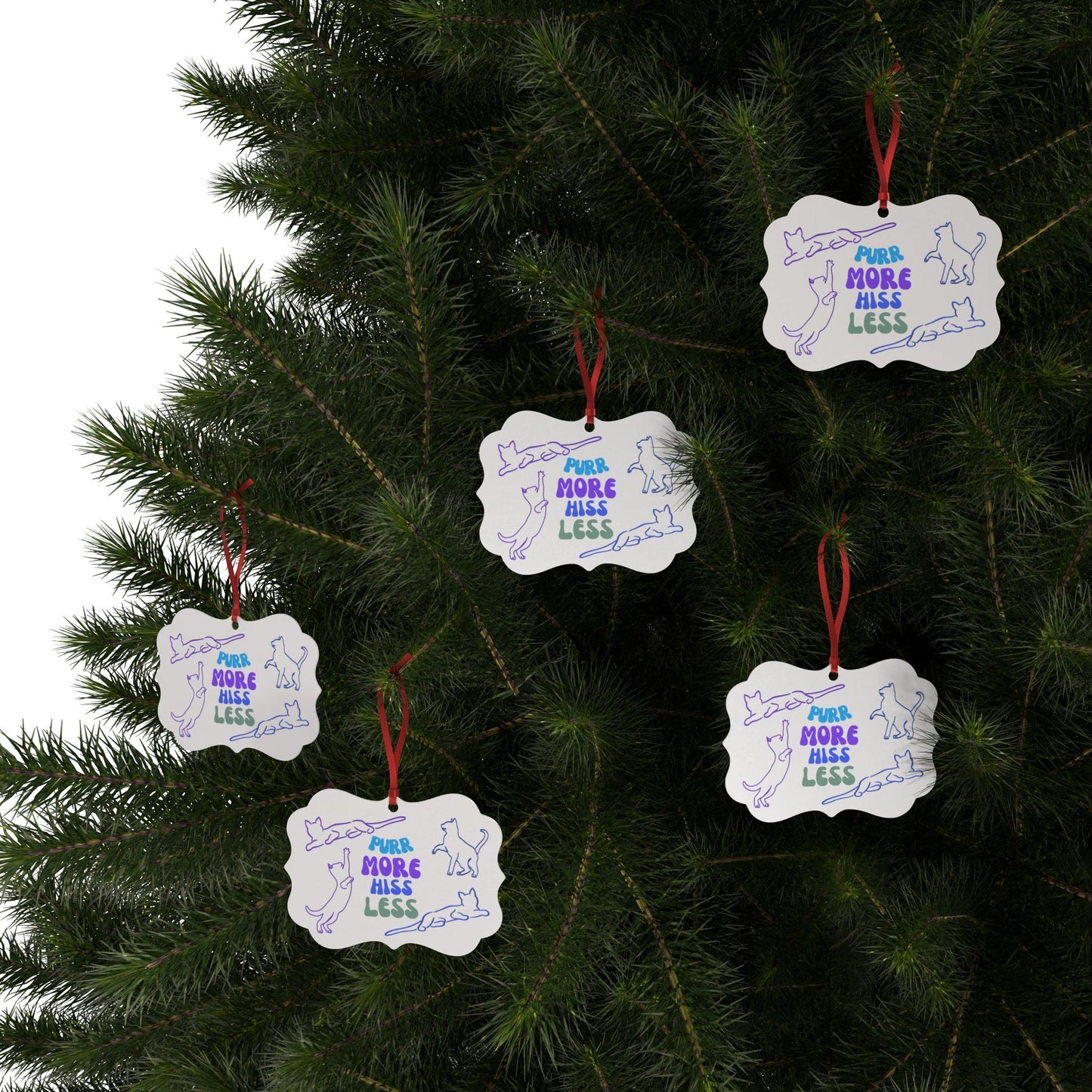 Aluminum "Purr More Hiss Less" Cat Lover Ornament, Playful Sublimation Design & Slogan, Cat Lady Mom Gift, Single or Set of Five, 10