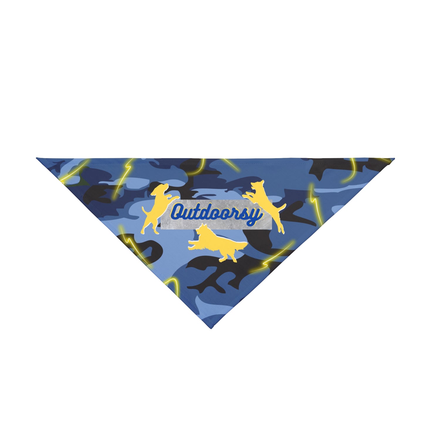Pet Bandana with Blue Camo Design and "Outdoorsy" Slogan, Campout Dog Park Apparel, Pet Lover Gift