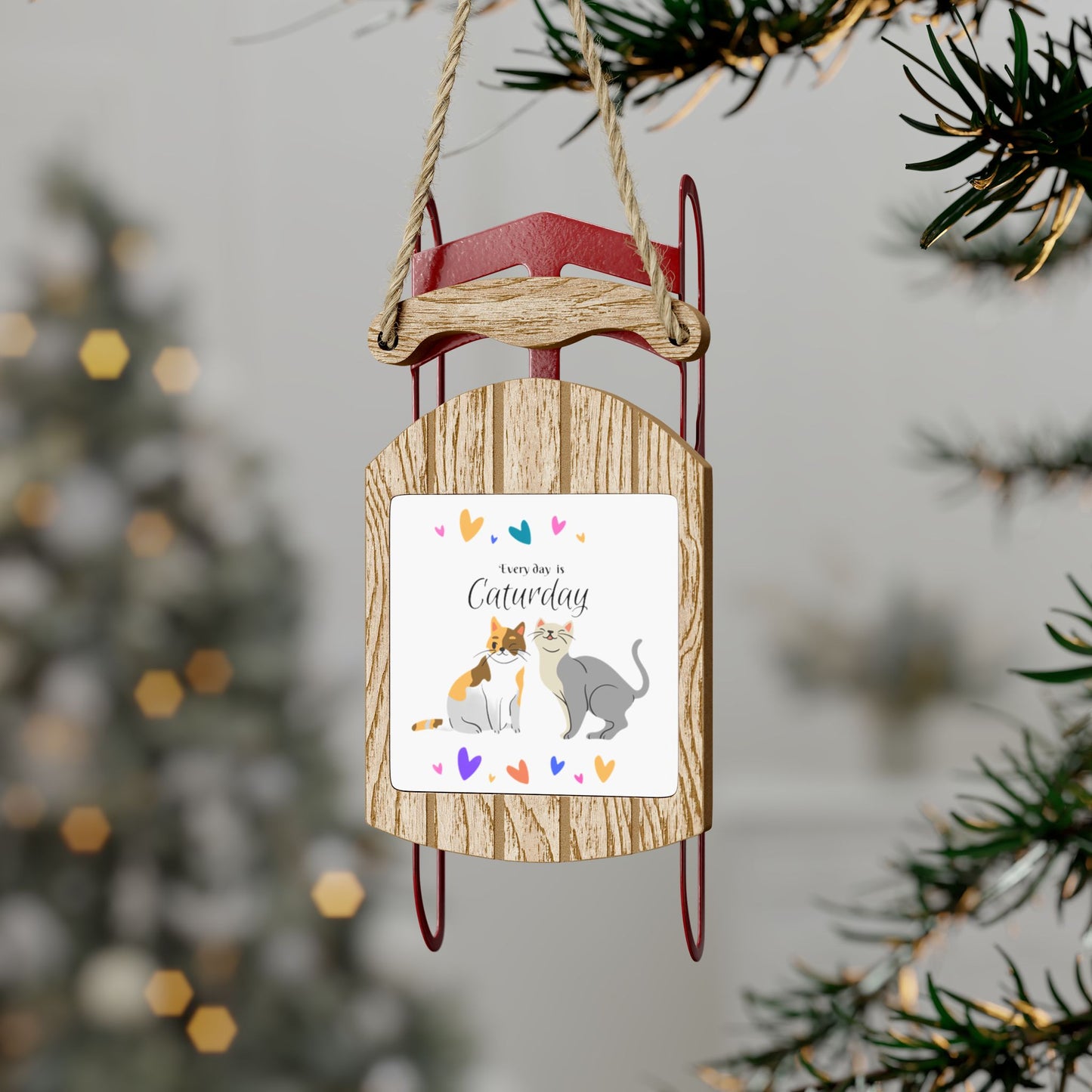 Adorable "Every Day is Caturday" Cat Lover Sled Ornament, Christmas and Year-Round Cat Lady Mom Gift, Single or Set of 5, 10