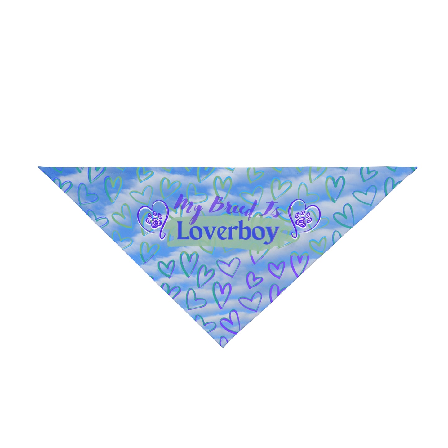 Blue and Purple Hearts "My Breed is Loverboy" Pet Bandana, Dog or Cat Partywear, Great Cat Lady Dog Mom Gift