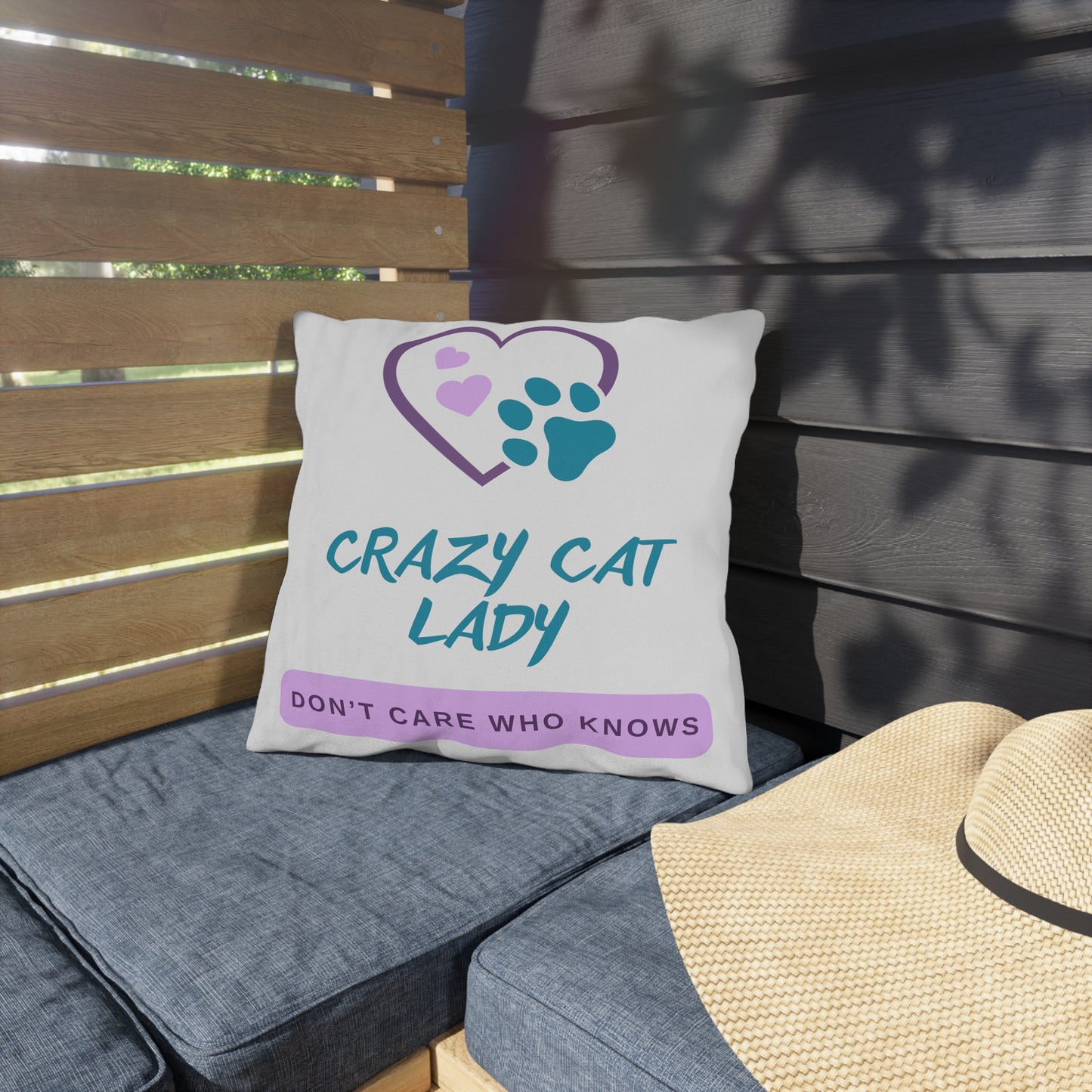 Pet-Lover Patio Pillow, "Crazy Cat Lady/Don't Care Who Knows"" Design, UV- and Mildew-Resistant