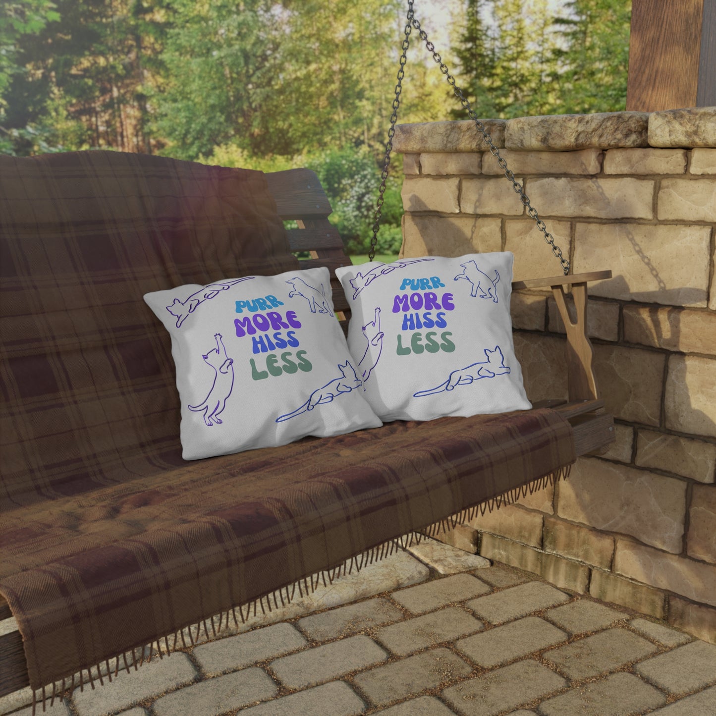 Pet-Lover Patio Pillow, "PuurrMoreHissLess" Design, Four Cats Version, UV- & Mildew-Resistant