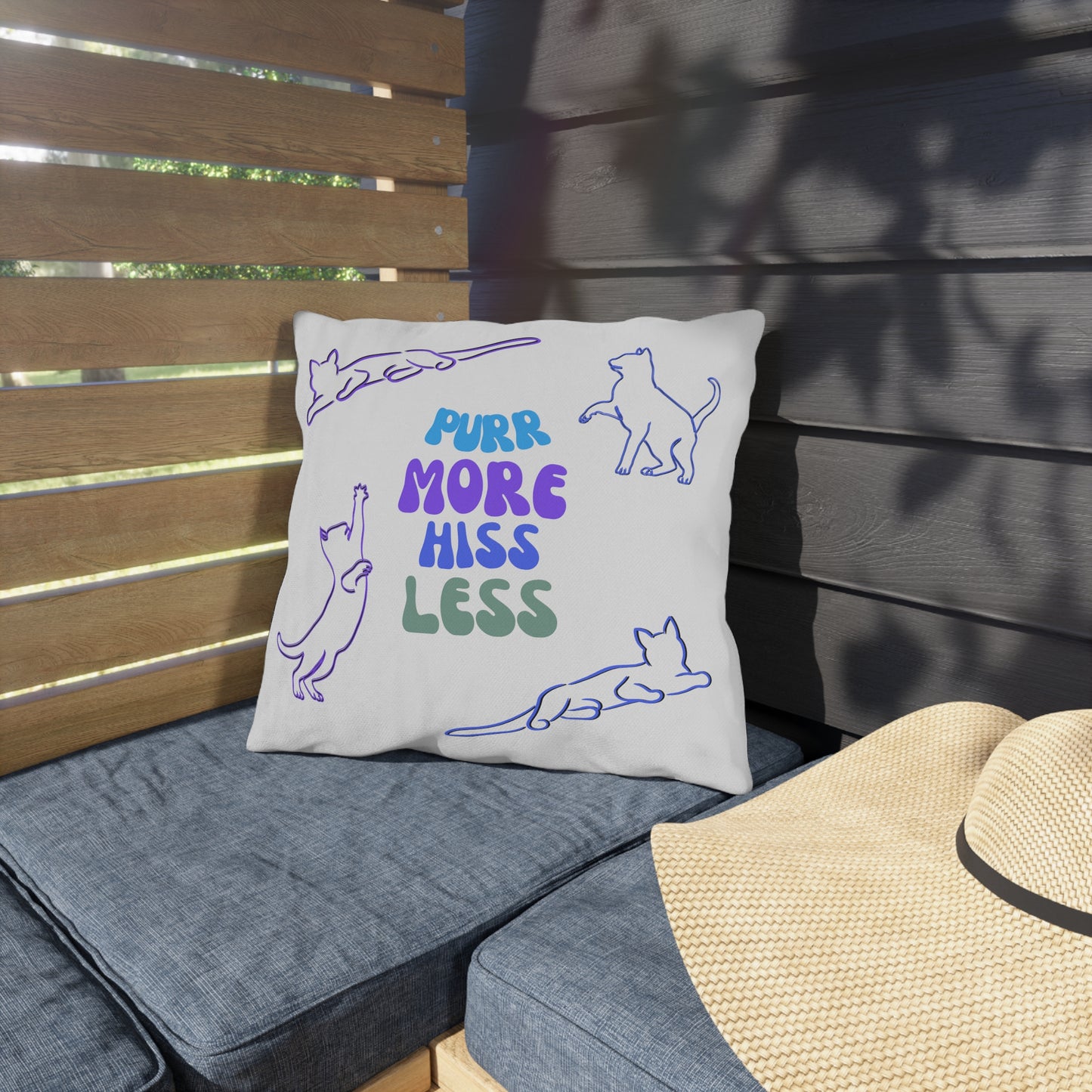 Pet-Lover Patio Pillow, "PuurrMoreHissLess" Design, Four Cats Version, UV- & Mildew-Resistant