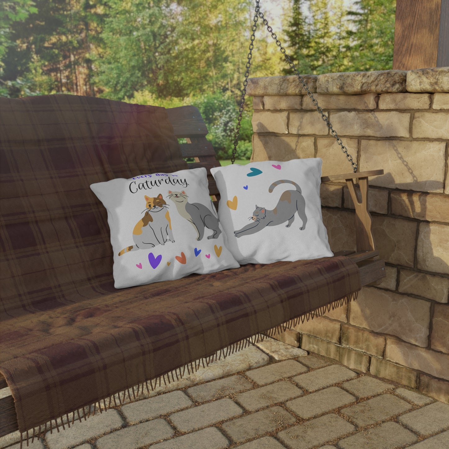 Pet-Lover Patio Pillow, "Every day is Caturday" Design, UV- & Mildew-Resistant