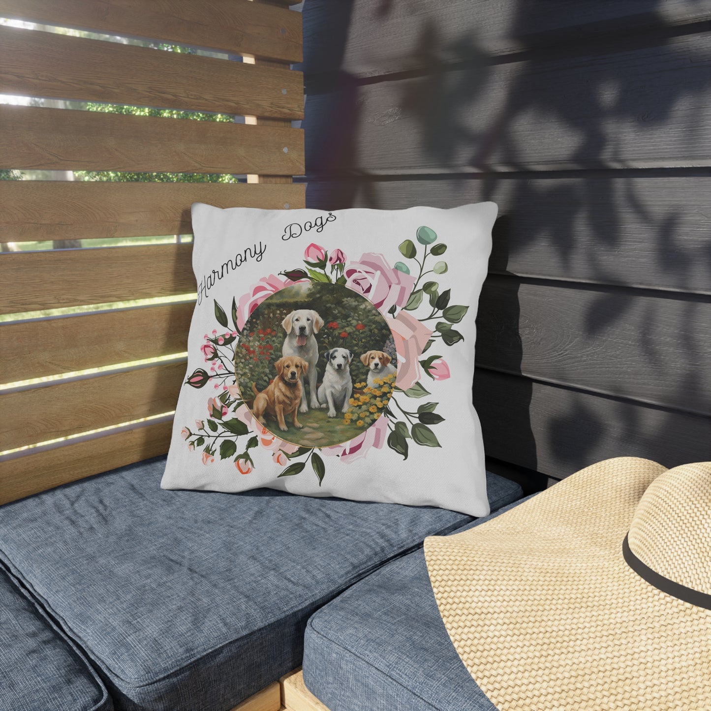 Pet-Lover Patio Pillow, "Harmony Dogs/Just hangin' Out" Design, UV- & Mildew-Resistant
