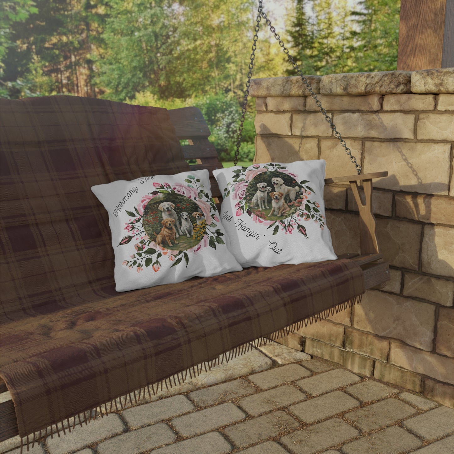 Pet-Lover Patio Pillow, "Harmony Dogs/Just hangin' Out" Design, UV- & Mildew-Resistant
