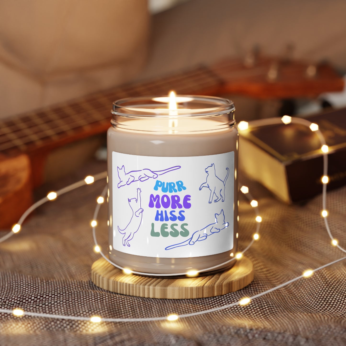 Scented Soy Candle, Unique "Purr More Hiss Less" Cat Lover Sublimation Design, Pet Lover Mom Gift, Kitchen Home Office Decor, 9oz