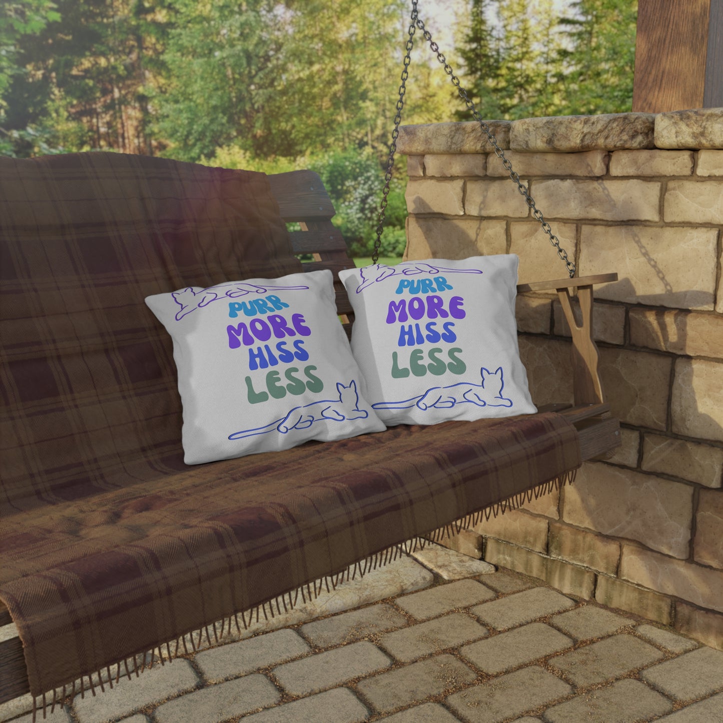 Pet-Lover Patio Pillow, "PuurrMoreHissLess" Design, UV- & Mildew-Resistant