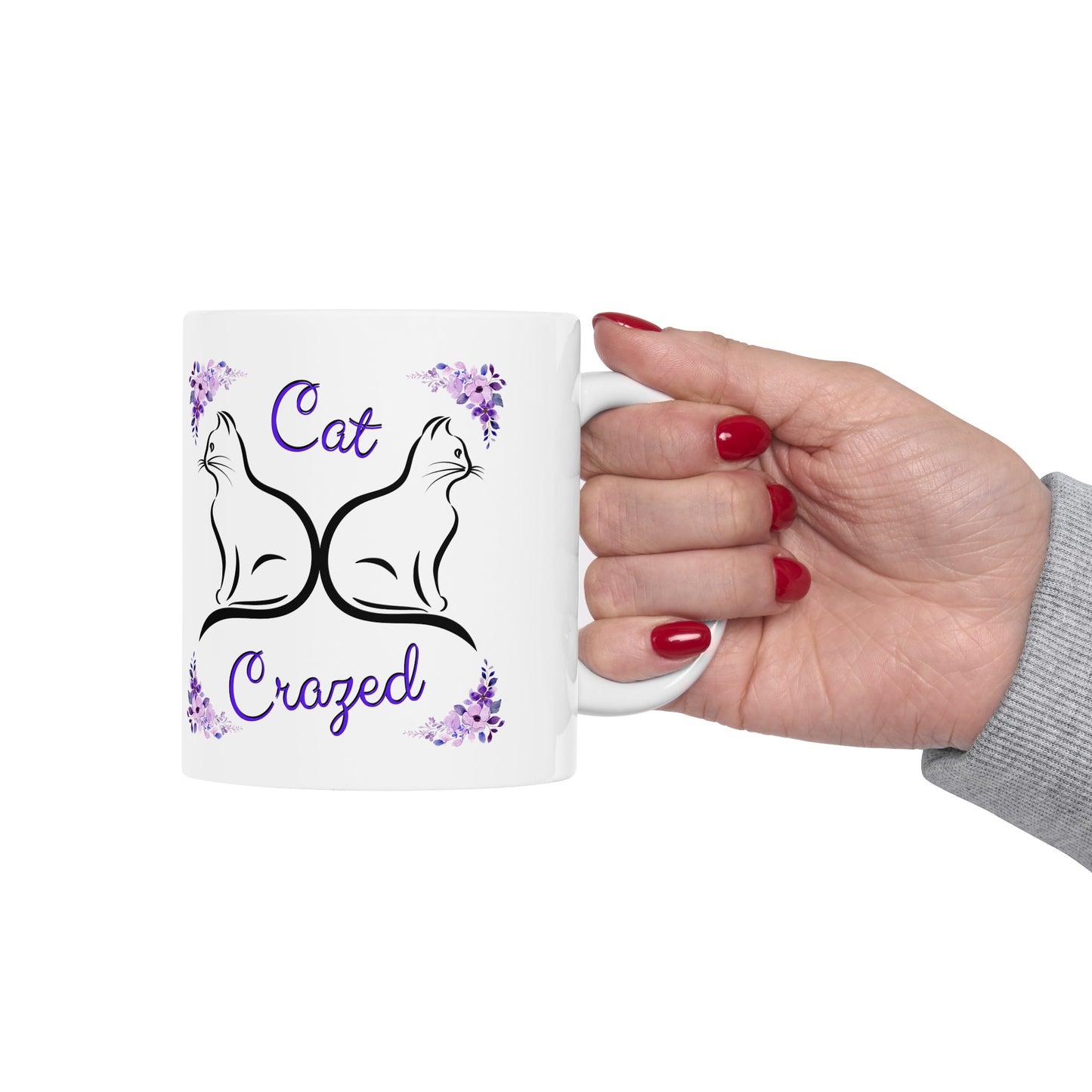 Feminine and Fun "Cat Crazed" Cat Mom Coffee Mug, Whimsical Sublimation Design, Great Pet Lover Gift For Her, Ceramic, 11oz