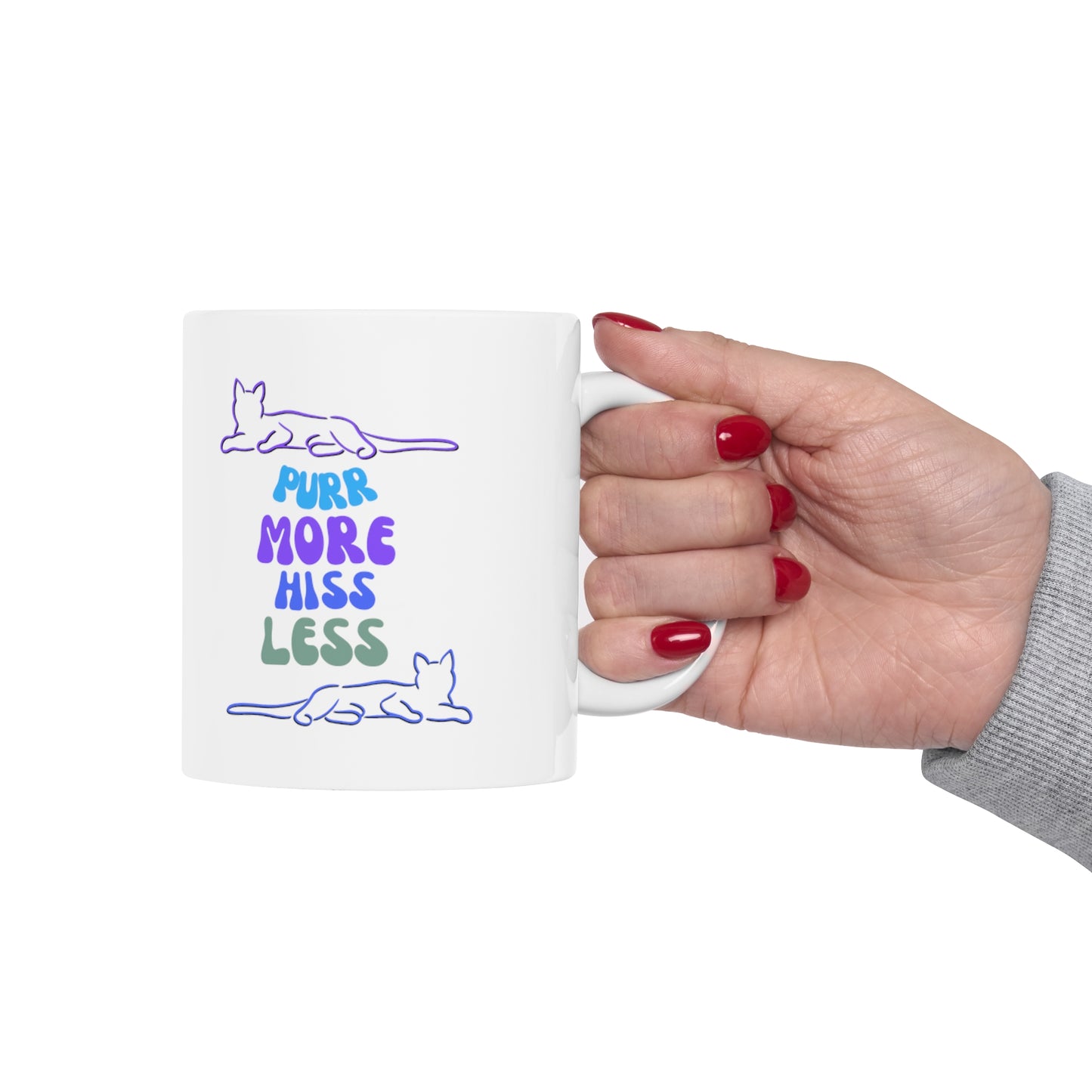 Playful "Purr More Hiss Less" Cat Lady Coffee Mug, Great Pet Lover Cat Mom Gift, Ceramic, 11oz