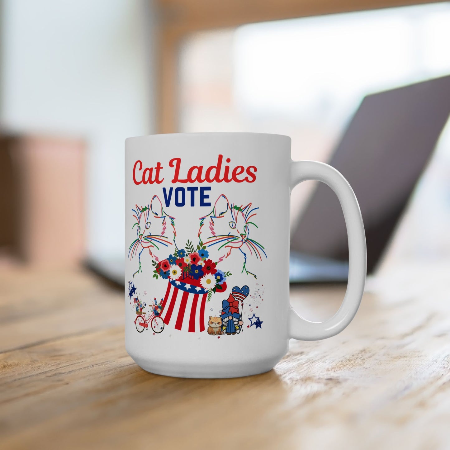 Large, Politely Political "Cat Ladies Vote" Coffee Mug, Unique, Colorful Cat Lover Design and Slogan, Perfect CatLady PetLover Cat Mom Mom Gift for Christmas and Birthdays, 15oz
