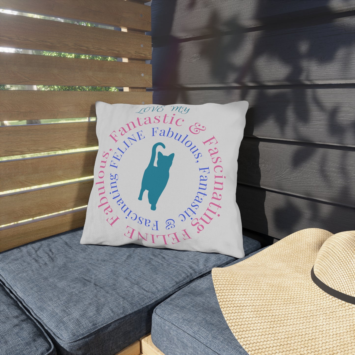 Pet-Lover Patio Pillow, "Fantastic-Fabulous-Fascinating-FELINE" Design, UV- and Mildew-Resistant