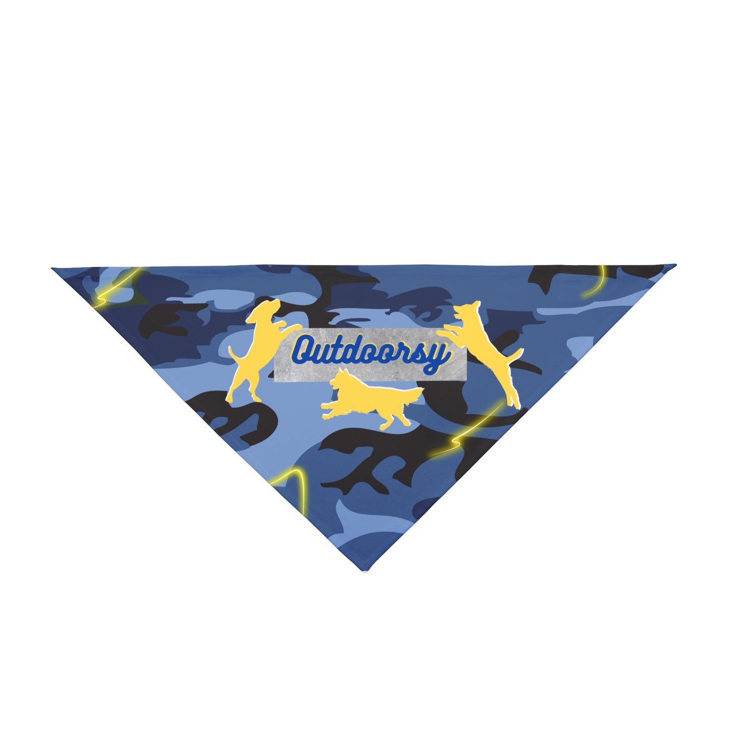 Pet Bandana with Blue Camo Design and "Outdoorsy" Slogan, Campout Dog Park Apparel, Pet Lover Gift