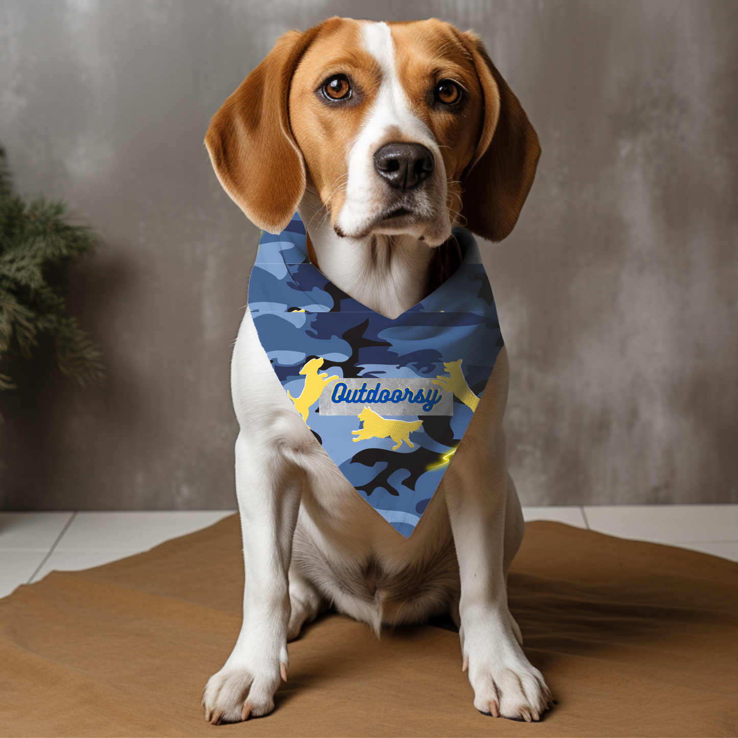 Pet Bandana with Blue Camo Design and "Outdoorsy" Slogan, Campout Dog Park Apparel, Pet Lover Gift