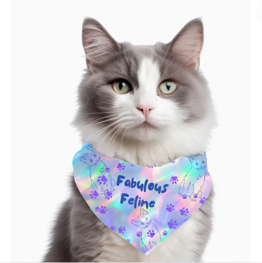 Small Cat Bandana with Fun "Fabulous Feline" Purple Pawprints Design, Pet Accessory, Cat Lady Cat Mom Gift
