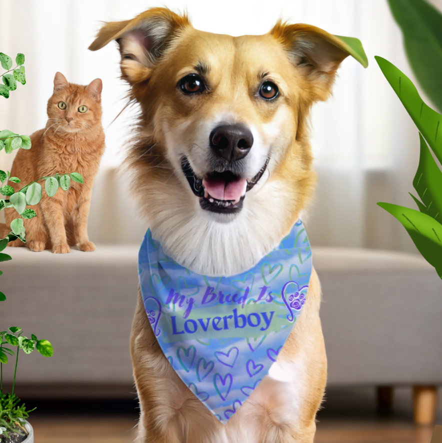 Blue and Purple Hearts "My Breed is Loverboy" Pet Bandana, Dog or Cat Partywear, Great Cat Lady Dog Mom Gift