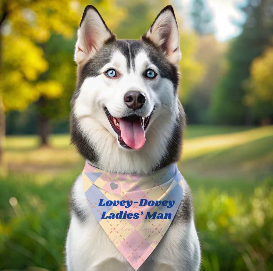 Preppy Yellow and Blue Pet Bandana with "Lovey-Dovey Ladies' Man" Argyle Pattern, Fashionable Pet Accessory, Dog Mom Gift