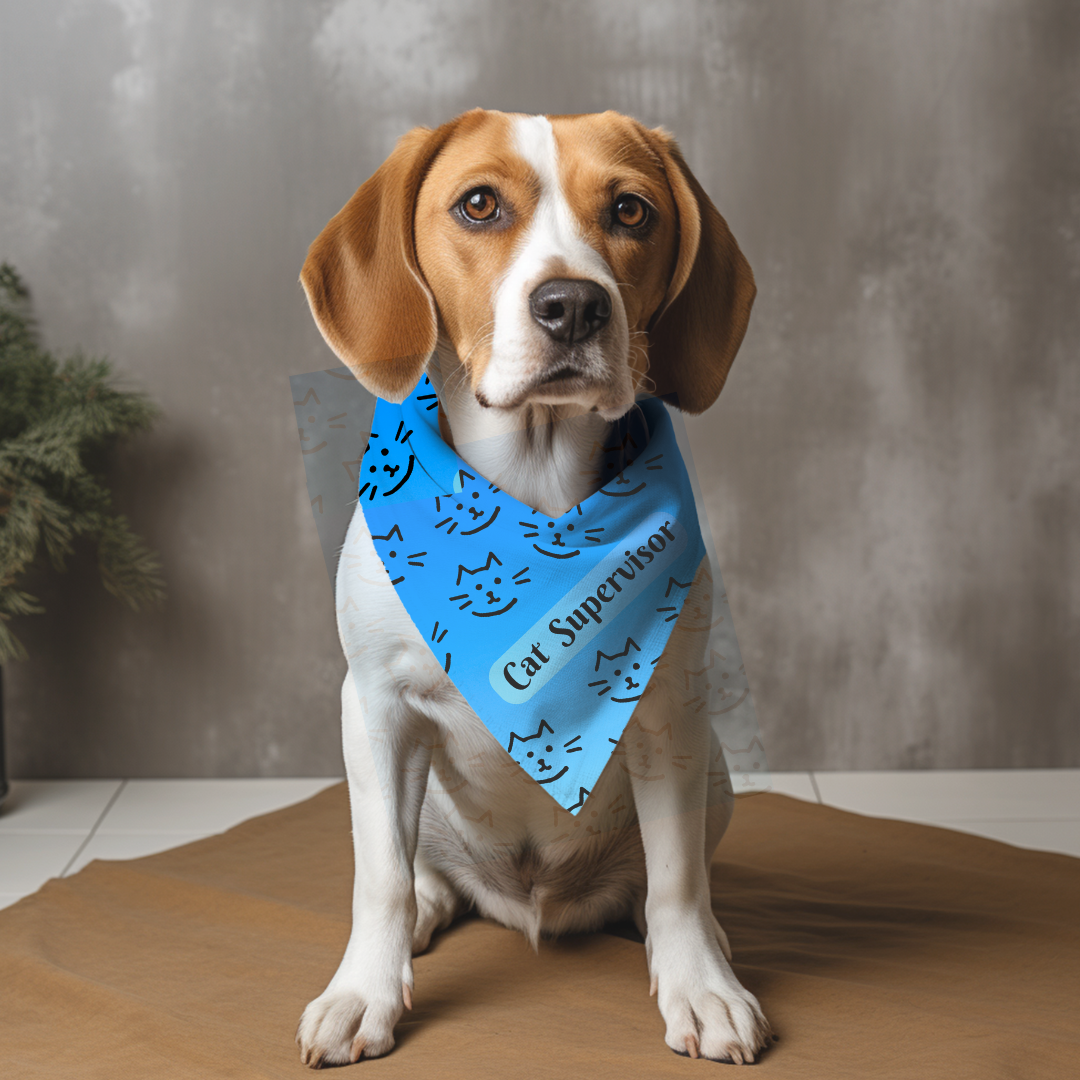Funny "Cat Supervisor" Pet Bandana, Bright Blue Cat Lover Design, CatLady Dog Mom Gift,