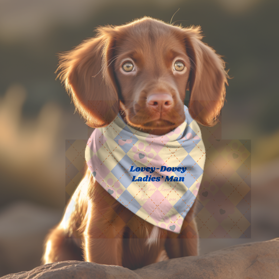 Preppy Yellow and Blue Pet Bandana with "Lovey-Dovey Ladies' Man" Argyle Pattern, Fashionable Pet Accessory, Dog Mom Gift