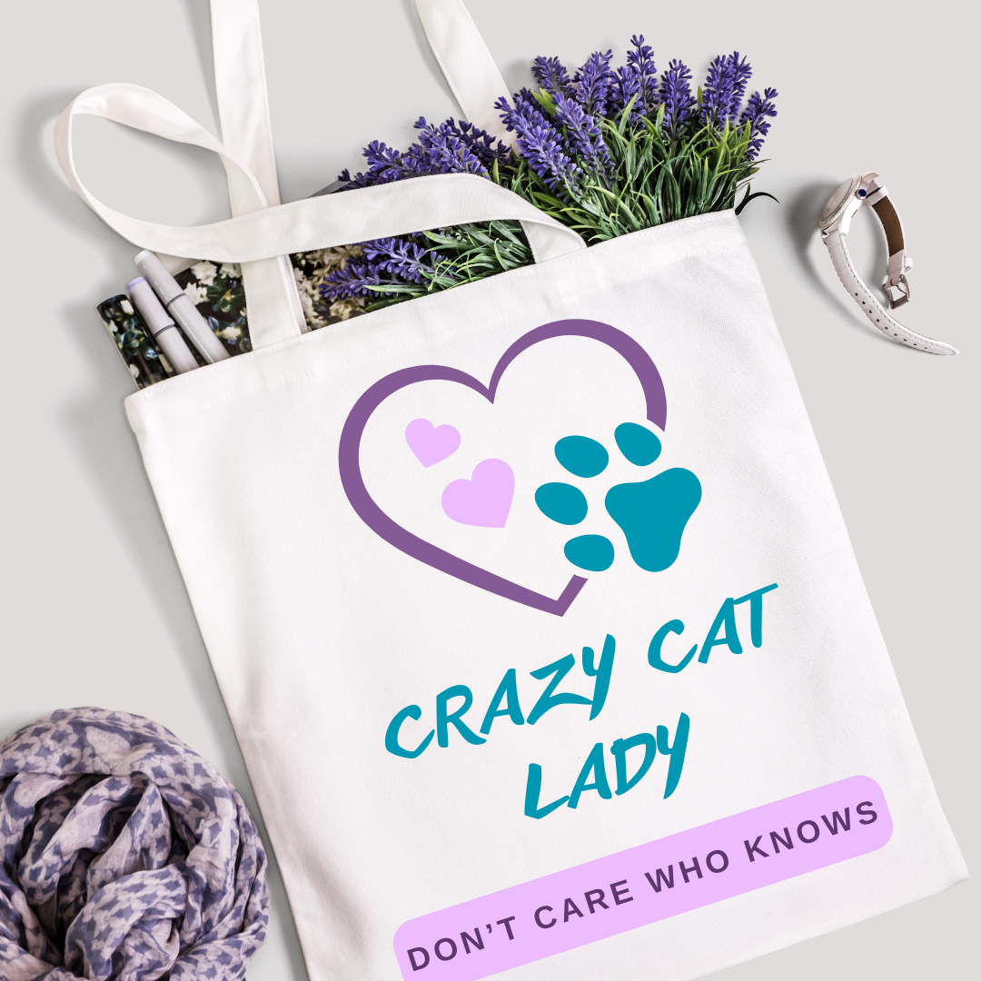 CatLady Tote with Fun "Crazy Cat Lady-Don't Care Who Knows" Slogan, Hearts and Pawprint Design, Cat Lover Mom Gift