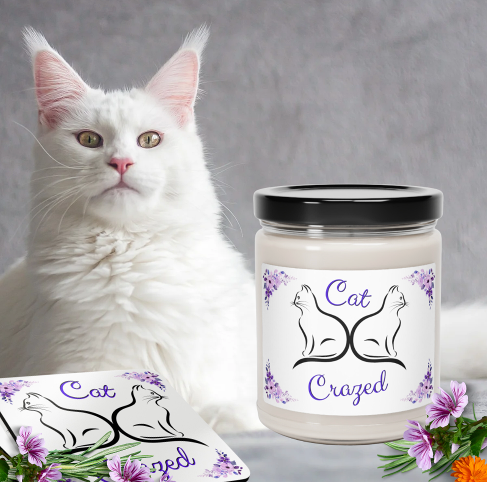 Scented Soy Candle, Whimsical "Cat Crazed" Sublimation Design, Cat Lover Pet Lover Mom Gift, Kitchen Home Office Decor, Four Fragrances, 9oz