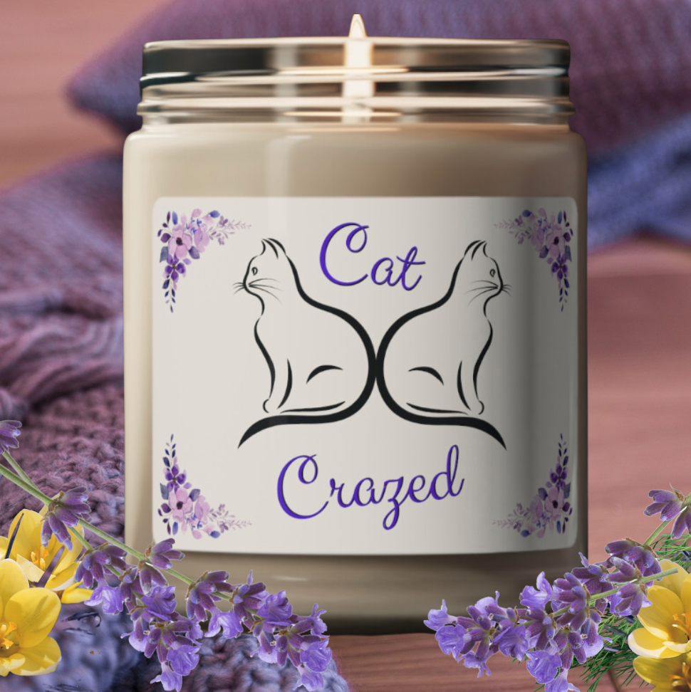 Scented Soy Candle, Whimsical "Cat Crazed" Sublimation Design, Cat Lover Pet Lover Mom Gift, Kitchen Home Office Decor, Four Fragrances, 9oz
