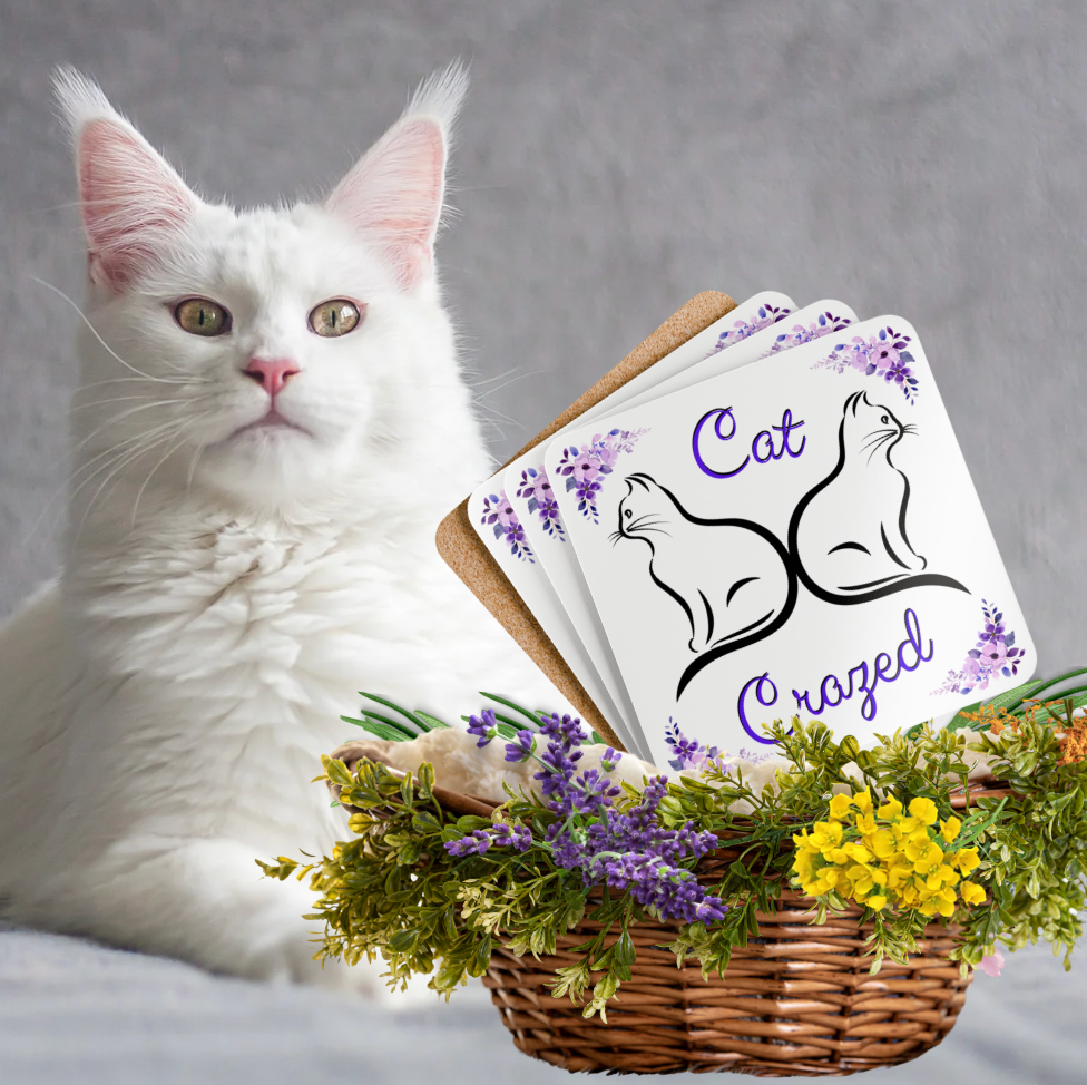 Cat-Lady Coasters, Unique "Cat Crazed" Sublimation Design, Pet Lover Cat Mom Gift, Kitchen Decor, Set of 4