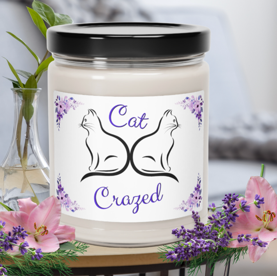 Scented Soy Candle, Whimsical "Cat Crazed" Sublimation Design, Cat Lover Pet Lover Mom Gift, Kitchen Home Office Decor, Four Fragrances, 9oz