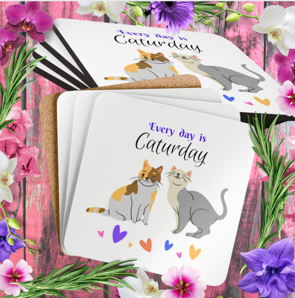 Cat-Lady Coasters, "Every day is Caturday" Sublimation Design, Gift For Cat Lover Mom