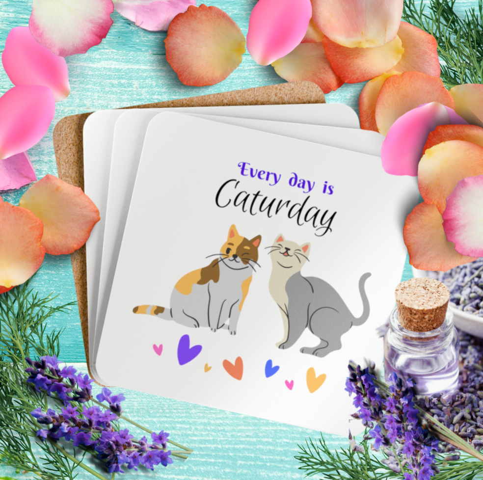Cat-Lady Coasters, "Every day is Caturday" Sublimation Design, Gift For Cat Lover Mom