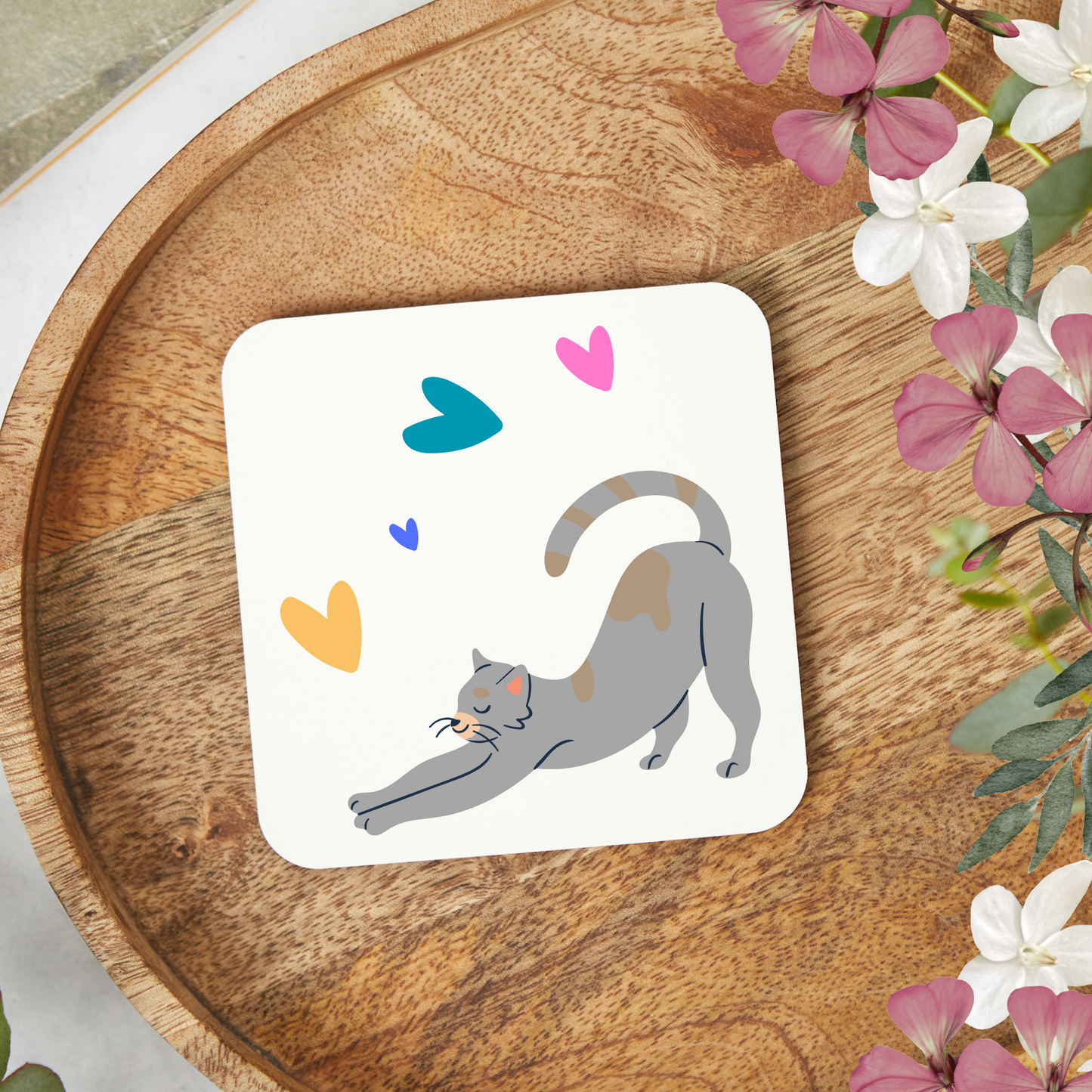 Cat-Lady Coasters, Simple "Cat & Hearts" Sublimation Design, Animal Lover Gift For Cat Mom